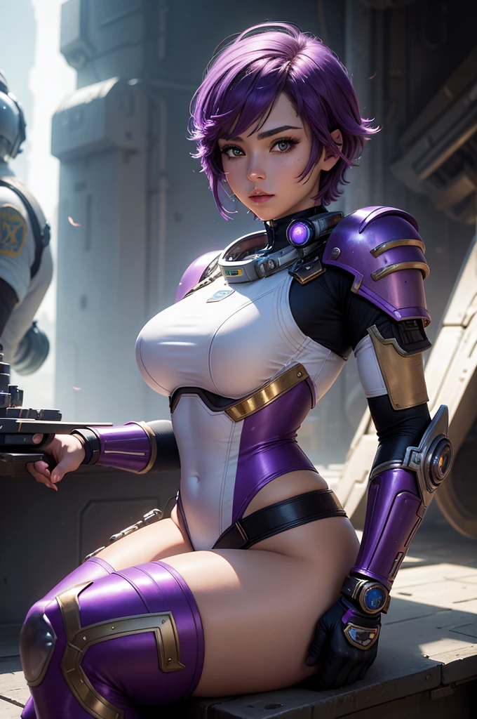 A beautiful, exuberant young warrior android, clone of the goddess Athena transformed into a very sensual and extremely muscular astronaut, wearing very short, purple hair, wearing cyberpunk battle clothes, exploring a mysterious planet in a sci-fi environment, sitting in the captain's chair in the control room of a powerful spaceship