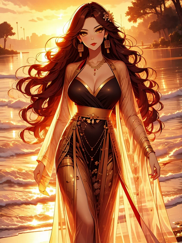 score_9, score_8_up, score_7_up, score_6_up, score_5_up, score_4_up, xian mei, golden eyes, red curly hair, big, black dress, necklace, drop hanging earrings, long earrings, red lipstick, detailed eyes, hair bun, long skirt,