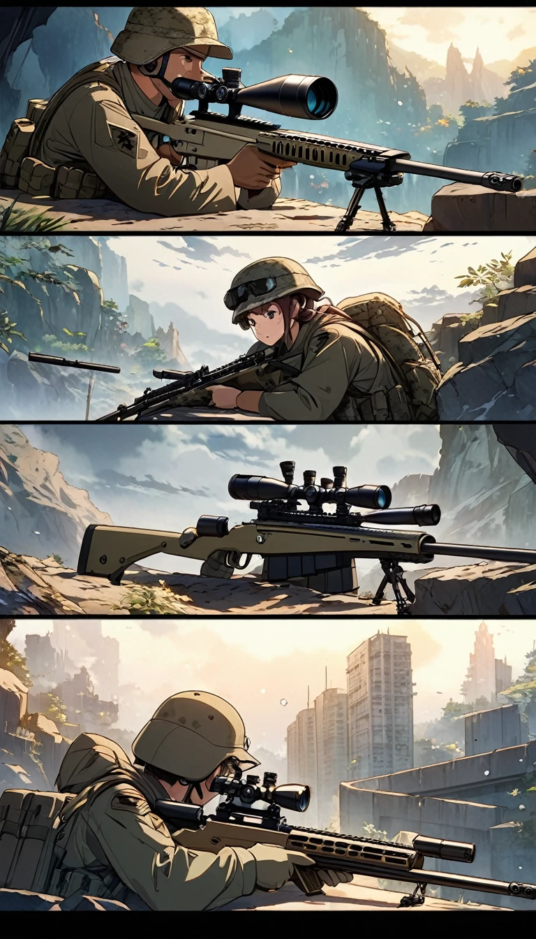 sniper cover art,US Marine Corps sniper using M24 sniper rifle. Anime Visual, Detailed key animation art, anime artwork,  Ethereal anime impact.Beautiful and extremely fine texture，detailed, bright, Animation style high definition and high quality presentation,