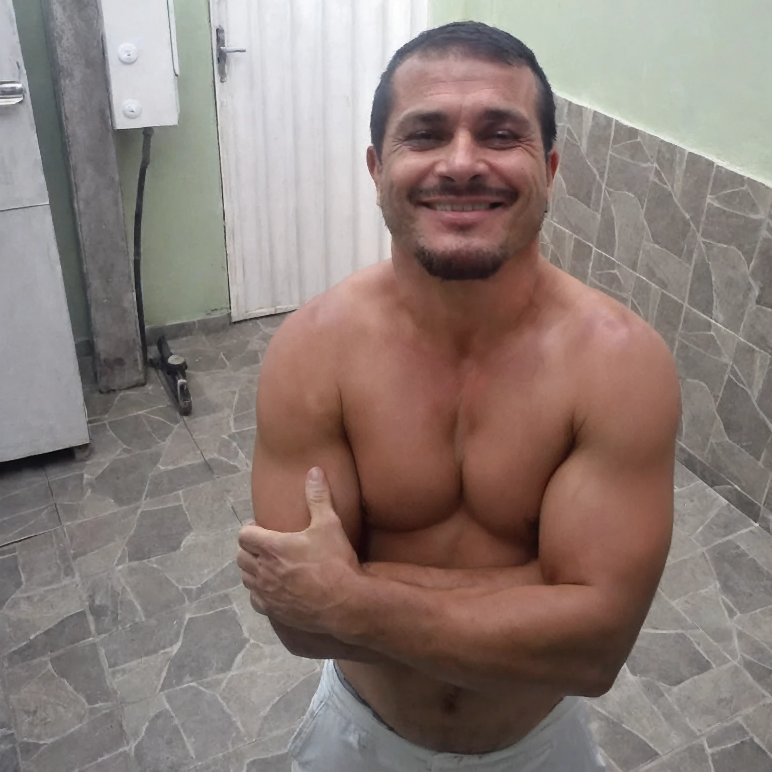"(best qualityer,realisitic:1.37),portrait of a 35 year old person, dark-haired man, Buzz Cut, intense gaze,detailedeyes,eyes browns,detailed lips,strong facial features,fine wrinkles,natural lighting,strong chin,determining expression,subtle stubble,neutral background,bright coloured"