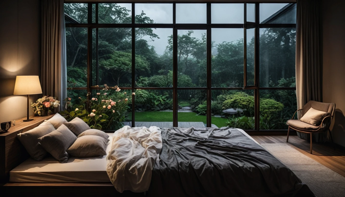 The picture shows a cozy gloomy bedroom, with a large window offering a view of a beautiful, dimly lit garden AND a garden soaked in FLOWERS, the cobblestones of the Japanese house concept. CINEMATIC, JAPANESE HOUSE, the shape of a Japanese house, and lots of flower gardens in the garden. The bed was unmade with rumpled sheets, indicating only a light sleep. the room is dark, gloomy, looks dim, gloomy. Beside the bed there is a small table with a classic lamp that radiates warm light into the room. Outside the window you can see the lush greenery of the terrace or balcony area, the rain is falling, the lamp on the left provides warm lighting, creating a calm and peaceful atmosphere. with fog obscuring part of the view in the distance. The contrast between the warmth indoors and the rain outdoors creates an inviting and calming atmosphere