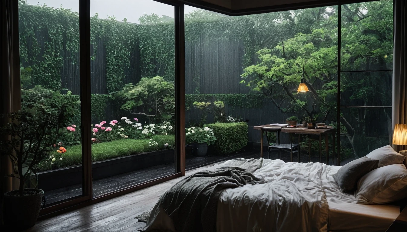 The picture shows a cozy gloomy bedroom, with a large window offering a view of a beautiful, dimly lit garden AND a garden soaked in FLOWERS, the cobblestones of the Japanese house concept. CINEMATIC, JAPANESE HOUSE, the shape of a Japanese house, and lots of flower gardens in the garden. The bed was unmade with rumpled sheets, indicating only a light sleep. the room is dark, gloomy, looks dim, gloomy. Beside the bed there is a small table with a classic lamp that radiates warm light into the room. Outside the window you can see the lush greenery of the terrace or balcony area, the rain is falling, the lamp on the left provides warm lighting, creating a calm and peaceful atmosphere. with fog obscuring part of the view in the distance. The contrast between the warmth indoors and the rain outdoors creates an inviting and calming atmosphere