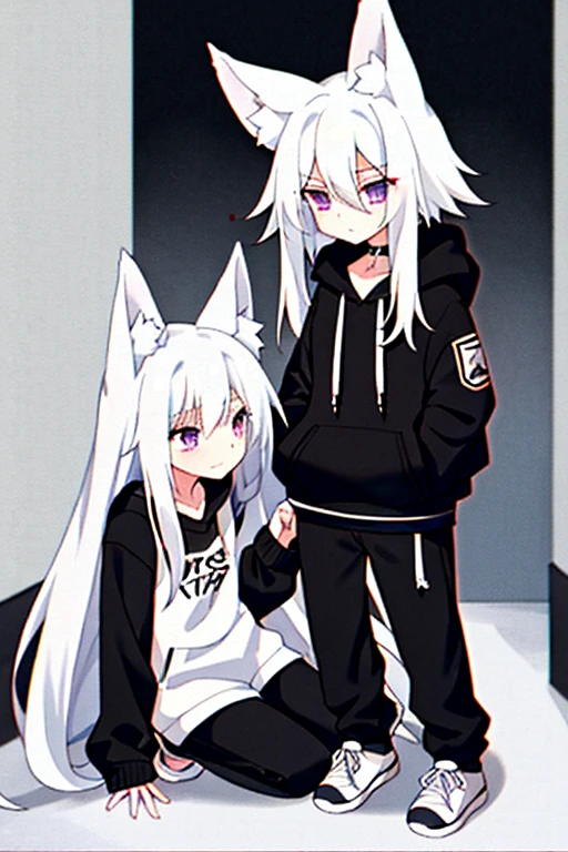 very thin, 2 girl , with white hair not too long, white fox ears, purple eyes, black hoodie, black baggy pants, 1 white fox tail, black sneakers, lying on the floor, in the basement, battered and cut, blood is coming from the wounds, crying