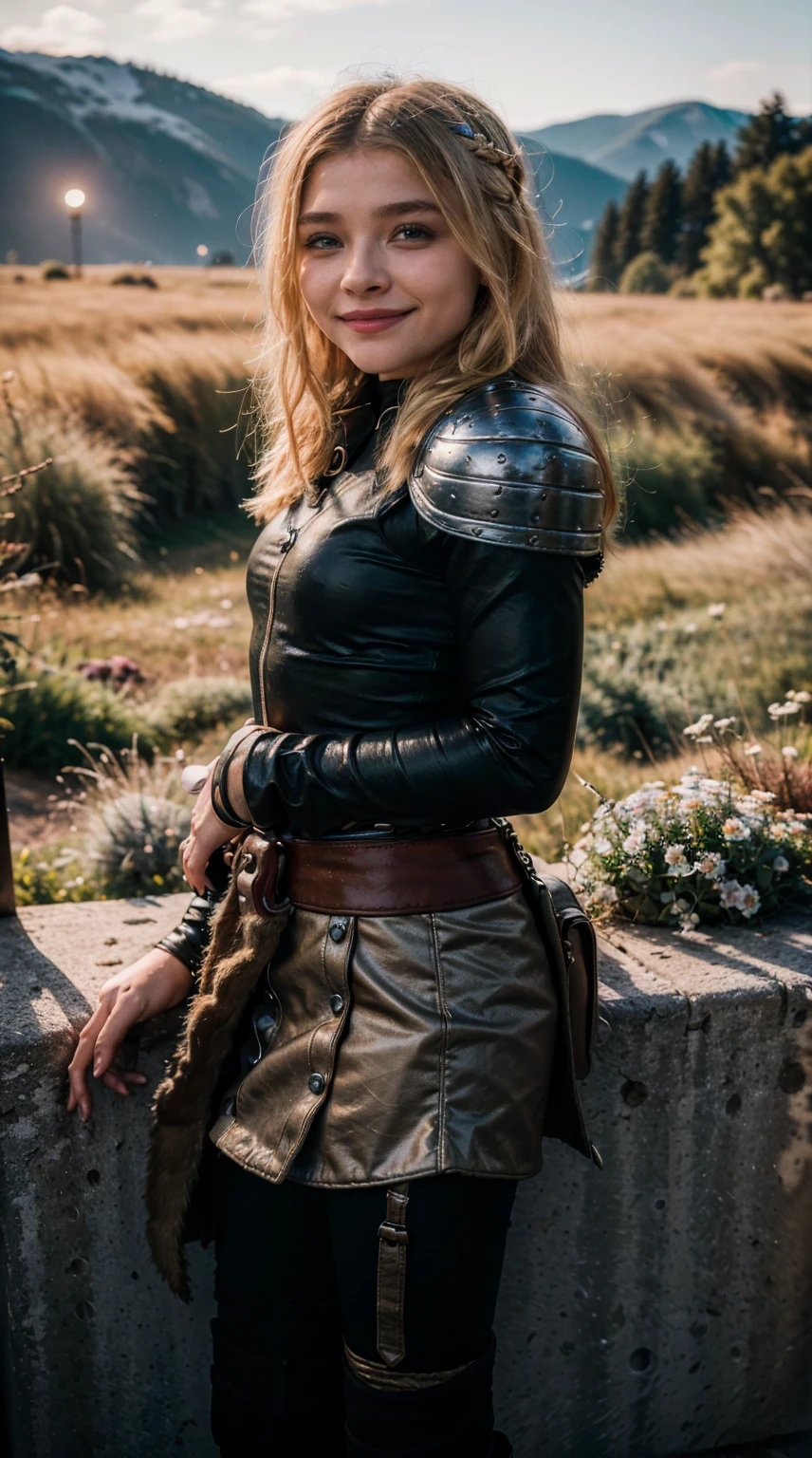 Masterpiece, Best quality,, (photorealistic1.4), (UHD), (epiCRealLife),  (flashphoto),, (photorealistic1.4), (Chloe Grace Moretz smile), (chl03gm), (Astrid Hofferson Costume), (astrid_Character outfit), (Astrid Armor) (AstridWaifu), (cowboy shots), (Medieval outdoor), (castle landscape), (at night), (night time), (moon light), 