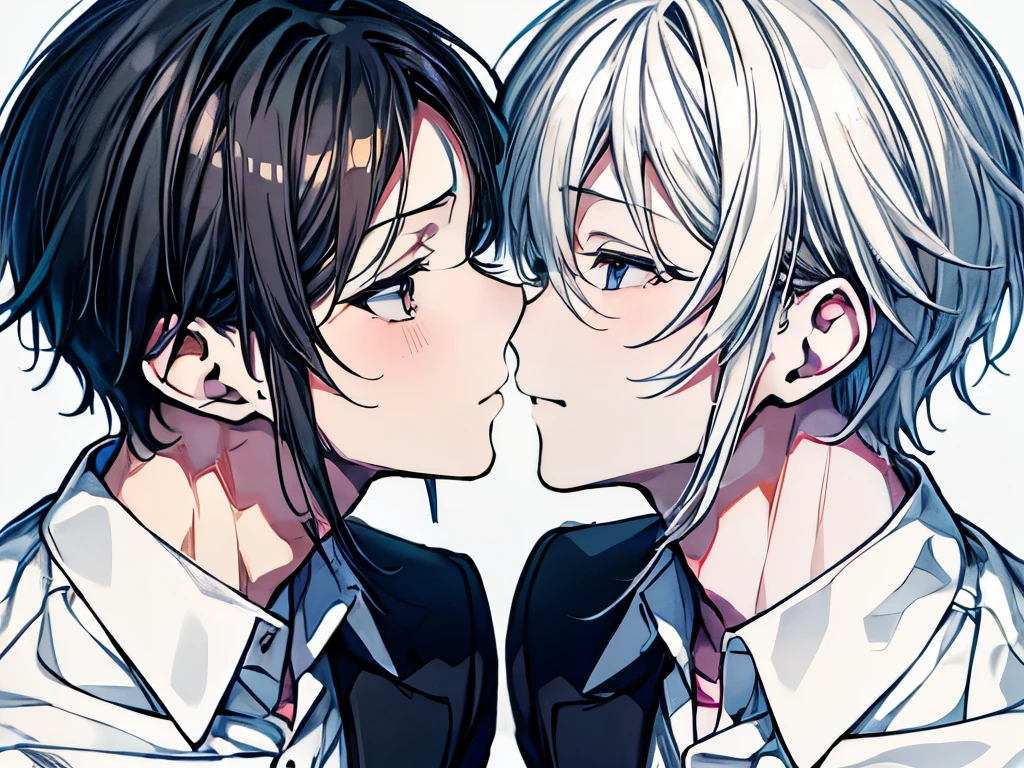 (Mastepiece), (Best Quality), Very detailed, ((Two men kissing on the cheek)), Perfect Face, Beautiful Face, Very detailed顔,(One black-haired man:1.3),(One white-haired man:1.3),shirt、smile