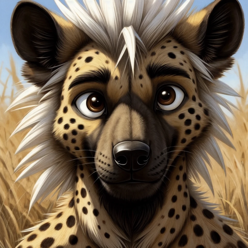 male, anthropology, hairy, Spotted hyena, White hair, Brown eyes, Solitary,Cartoon Character,child,Close-up of face,Handsome