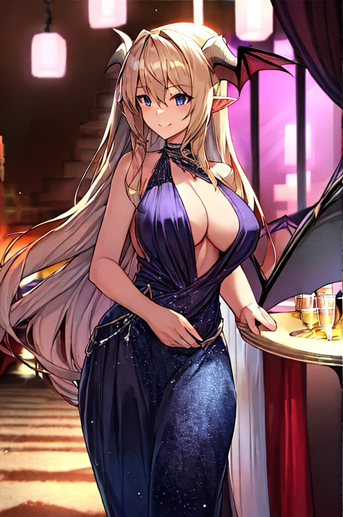 28 years old,Succubus,Well-proportioned body type,A beautiful woman,Goat horns on the sides of the head,bat wings on the back,,Provocative smile,Evening Gowns,Lavish Party