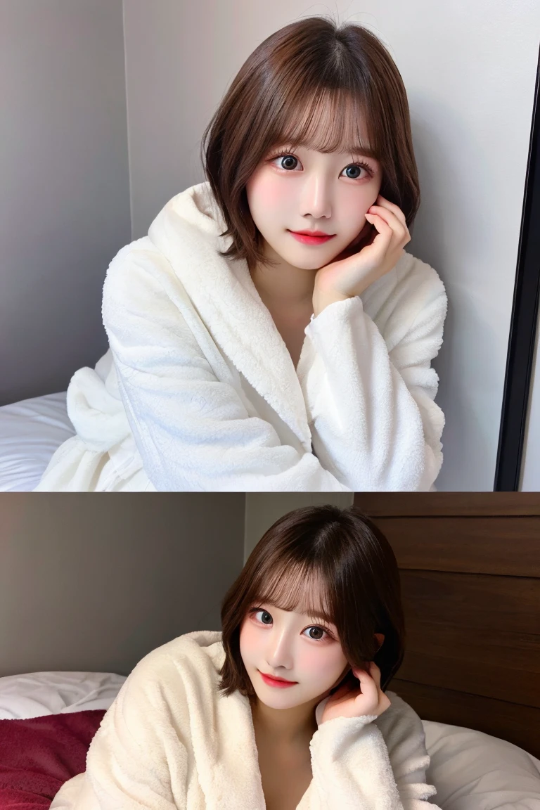 8K highest quality、(beautiful)、woman、Brown Hair、22 years old、Semi-short hair、Natural Makeup、Fine skin、Brown eyes、Embarrassed、bed、White bathrobe
