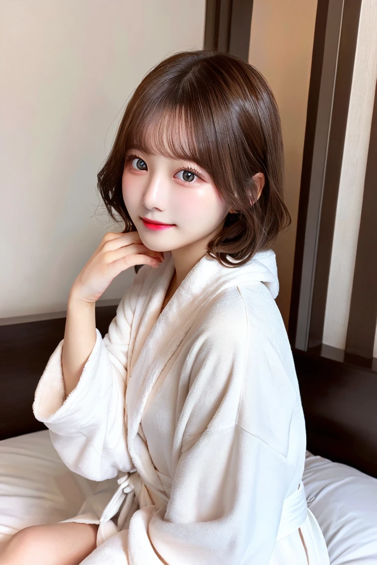 8K highest quality、(beautiful)、woman、Brown Hair、22 years old、Semi-short hair、Natural Makeup、Fine skin、Brown eyes、Embarrassed、bed、White bathrobe