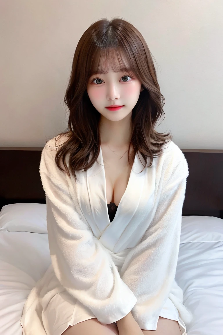 8K highest quality、(beautiful)、woman、Brown Hair、22 years old、Semi-short hair、Natural Makeup、Fine skin、Brown eyes、Embarrassed、bed、White bathrobe