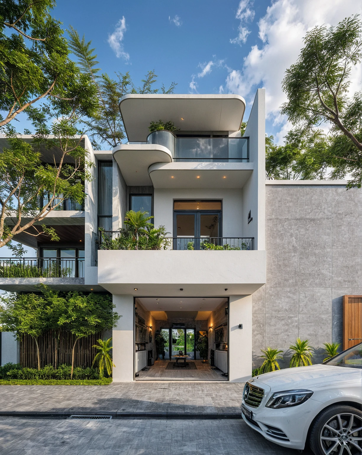 Masterpiece, high quality, best quality, authentic, super detail, outdoors, onestoreyvillaXL, aiaigroup, house style modern on the street ,stairs, white wall ,road,pavement, grass, trees, sky, cloud, (daylight:1.1)
