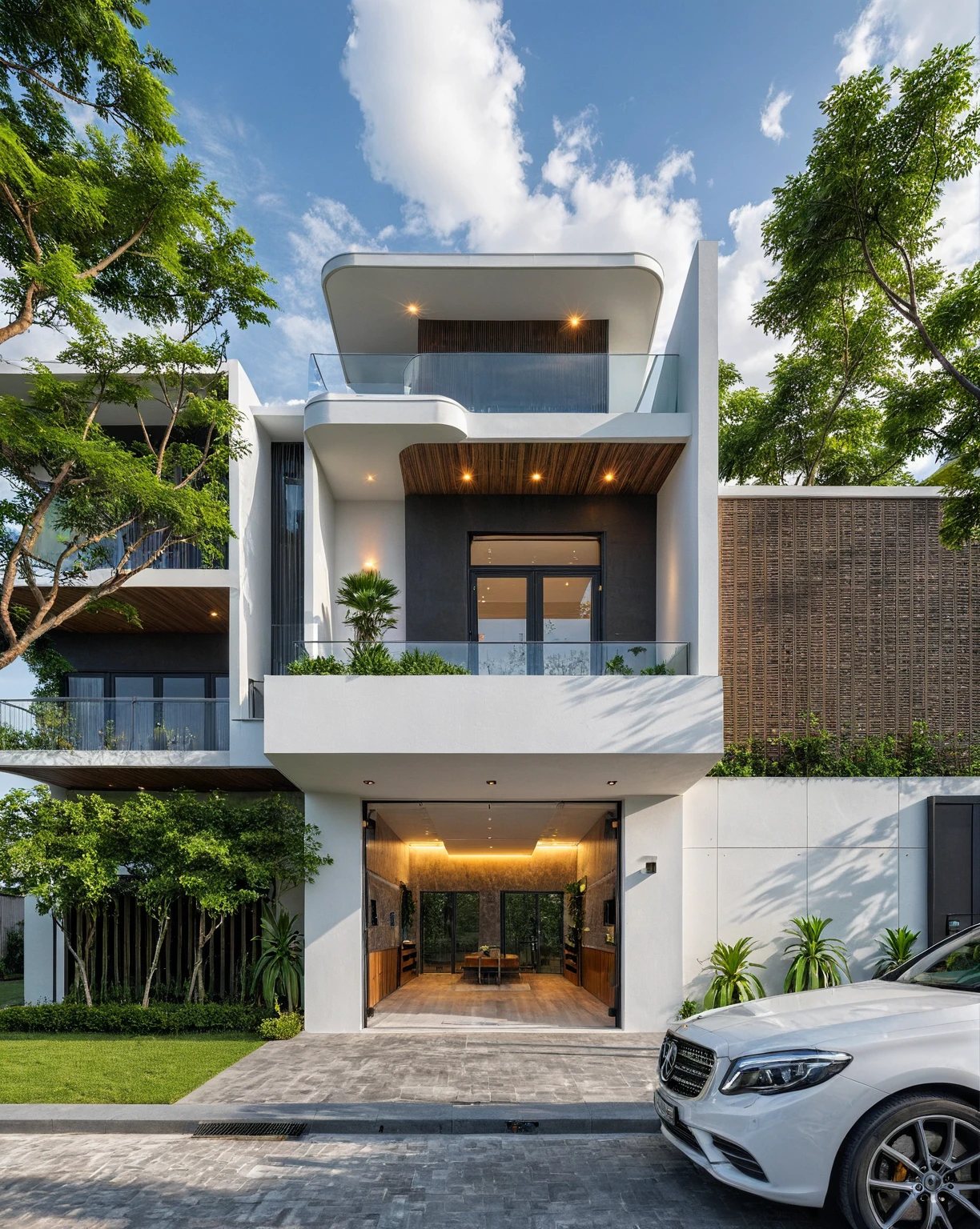 Masterpiece, high quality, best quality, authentic, super detail, outdoors, onestoreyvillaXL, aiaigroup, house style modern on the street ,stairs, white wall ,road,pavement, grass, trees, sky, cloud, (daylight:1.1)
