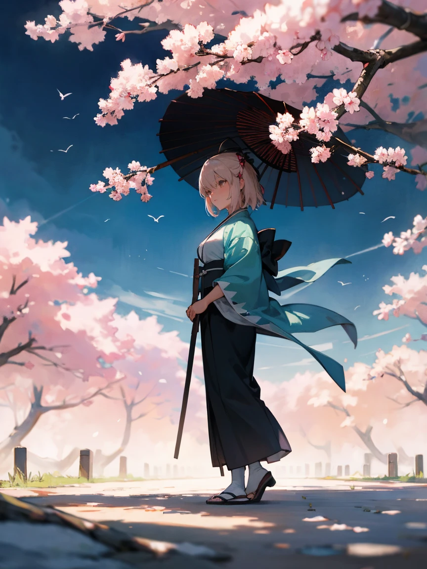 {Extremely detailed 8K wallpaper}, {Masterpiece}, {Best Quality},Alone,full body shot,Okita Souji,short hair, kimono,Haori Cerezo, cherry tree