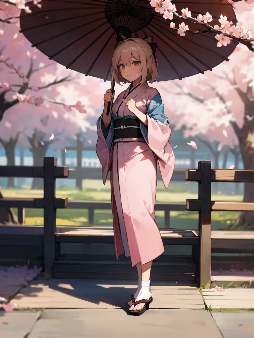 {Extremely detailed 8K wallpaper}, {Masterpiece}, {Best Quality},Alone,full body shot,Okita Souji,short hair, kimono,Haori Cerezo, cherry tree