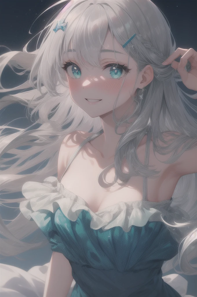 (masterpiece, best quality), hyperdetailed, clean lines, one girl,, blush, ash_hair, (silver_hair:1.3), thin hair clip, cyan colorshift eyes, expressive eyes, collarbone, smile, night, stars, green princess dress, wariza