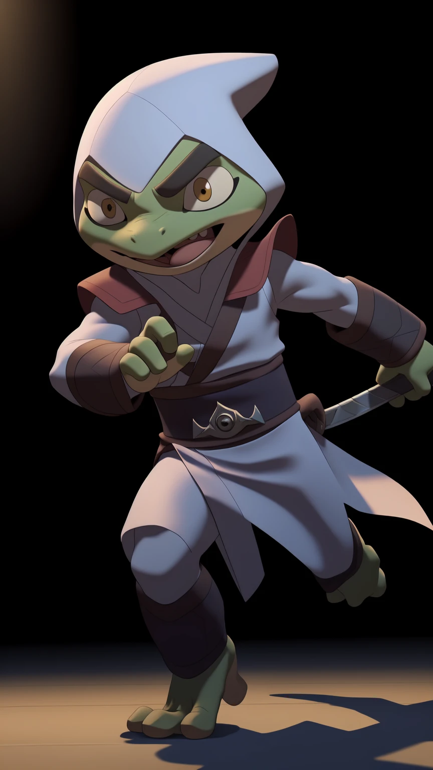 [Character Discovery] [SFW] BREAK. The artist generate portrait, FBullfrog, Bullfrog, assassin character, ninja, holding blade, ((high-res, masterpiece, best quality, 2D, cinema lighting)), (solo, 1boy, fullbody, teeth, cute, face, open-mouth, reactions, wearing ninja, assassin, smirk, speaking, speak at viewer) in battle clashing blade with enemy,