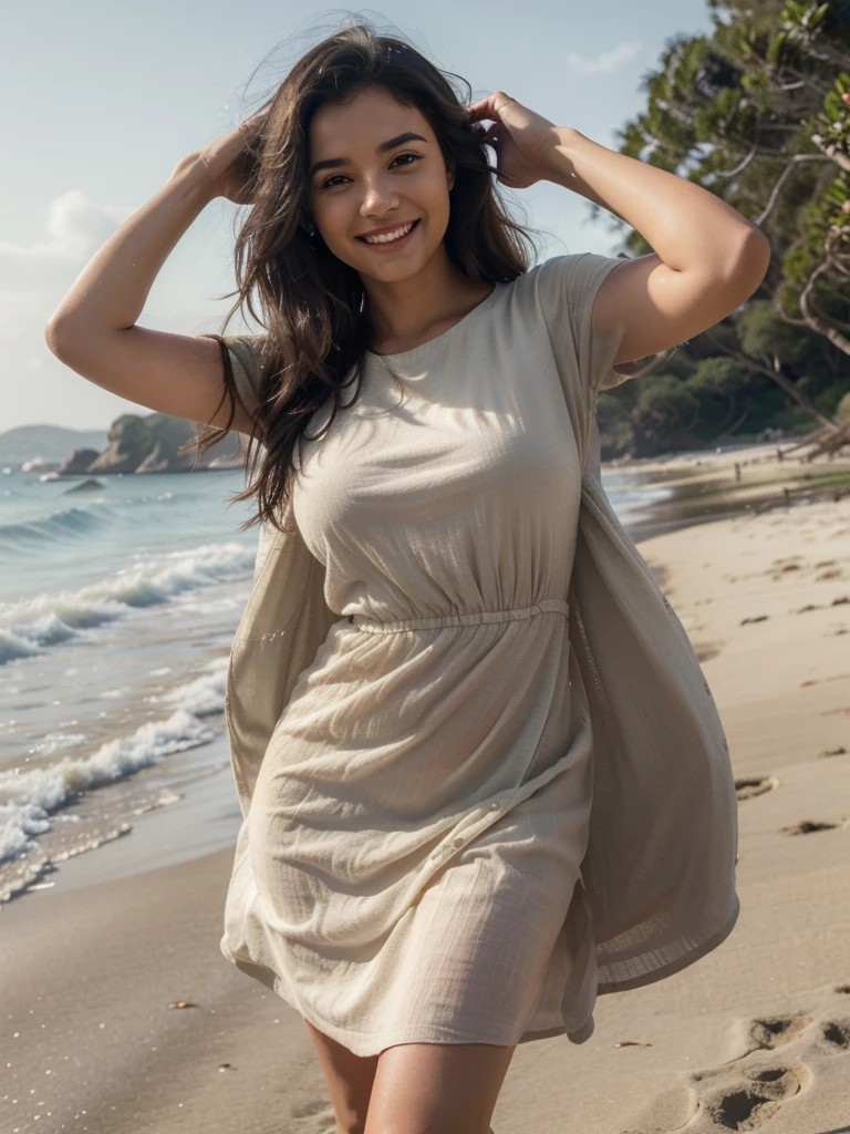 A young woman, beautiful woman, black hair, on the beach, dress, light, smile, realistic, she is happy, (best quality,4k,8k,highres,masterpiece:1.2),ultra-detailed,(realistic,photorealistic,photo-realistic:1.37),female portrait,beach landscape,warm lighting,soft focus,vibrant colors,natural skin tones,detailed dress,windswept hair,joyful expression,serene atmosphere