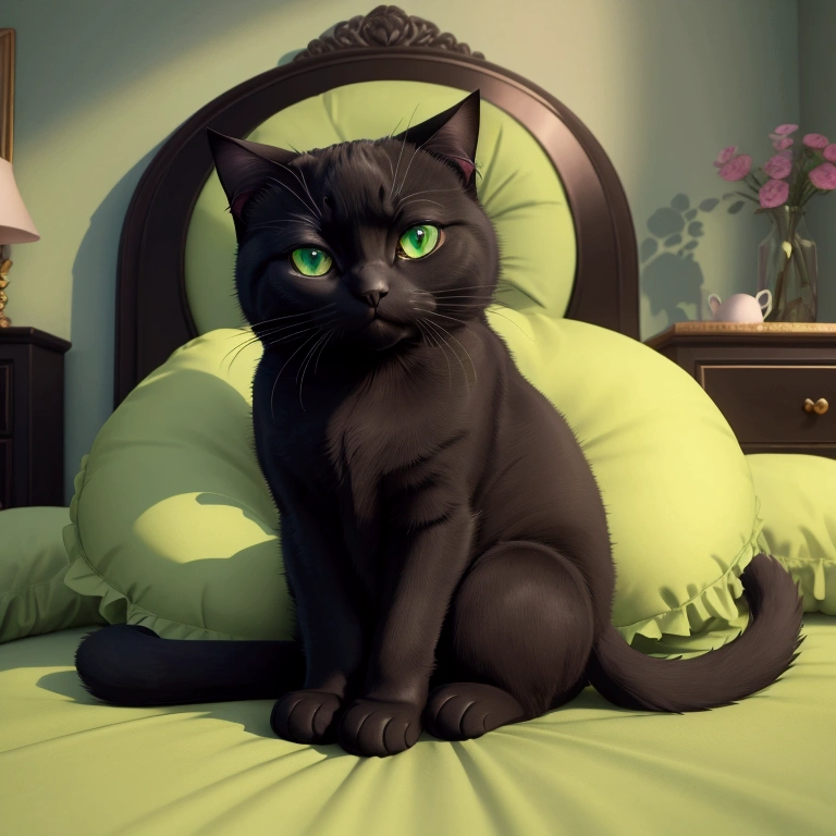(masterpiece, best quality, vivid colors), An black female cat with green eyes on a bed with cushions, (only), light green eyes, very detailed and beautiful eyes, fat cat, curled up, anime screencap, the background is a room, high detail, high resolution, UHD, 4K, 8K
