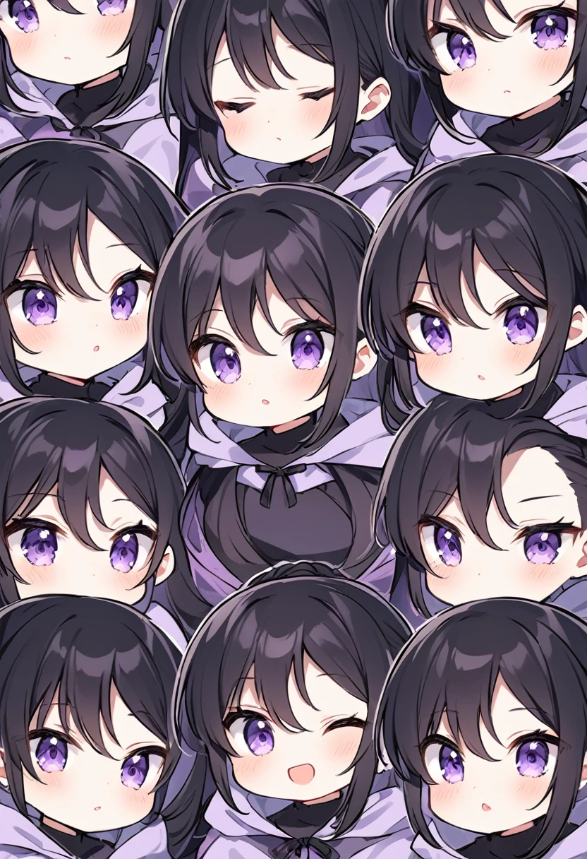 Keito。Purple hoodie。Black Skirt。Purple Eyes。Black Hair。Black shoes下。Black shoes。six sistery eldest daughter has lavender hair.。all female。Sextuplets。