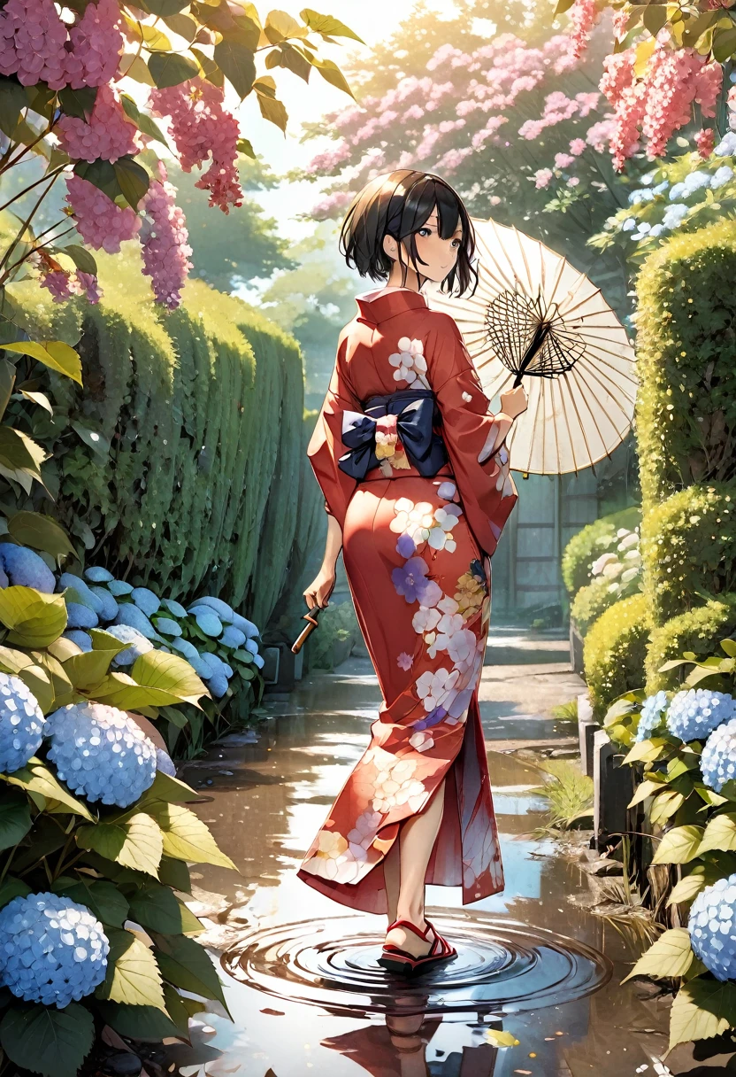 (One japanese woman:1.5), (Adult japanese women:1.5), (slender body:1.3), Black Hair, Black eye, Super short hair, Wearing a floral pattern japanese yukata, The hem of the yukata is long, Holding a Japanese umbrella, wearing red japanese sandals, Backshot, Look back at the camera, Hydrangea below half of the foreground, Sky after rain, A few puddle on the ground