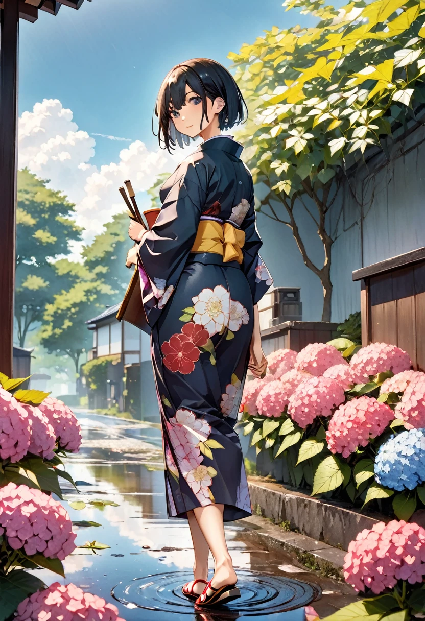 (One japanese woman:1.5), (Adult japanese women:1.5), (slender body:1.3), Black Hair, Black eye, Super short hair, Wearing a floral pattern japanese yukata, The hem of the yukata is long, Holding a Japanese umbrella, wearing red japanese sandals, Backshot, Look back at the camera, Hydrangea below half of the foreground, Sky after rain, A few puddle on the ground