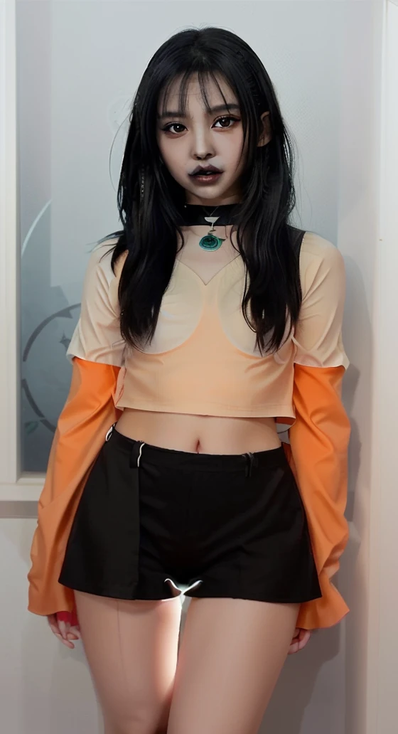An Asian girl who seduces boys and girls be they normal people, stars or ai to seduce one who has long black hair ha orange eyes and besh skin you make her pretty, the filter should have vampire teeth/Elf ears/angels have feathers, fantasy world with butterflies around