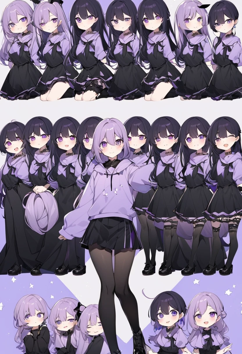Keito。Purple hoodie。Black Skirt。Purple Eyes。Black Hair。Black shoes下。Black shoes。six sistery eldest daughter has lavender hair.。all female。Sextuplets。