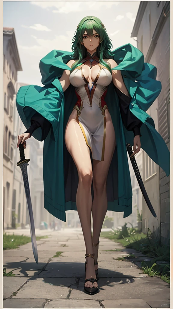 (masterpiece, 4K ,Super detailed:1.2), (anime:1), (Perfect quality), The whole body is shown, View Viewer, Swordsman, tall, Desperate look, Ultra violent women, Green Hair, Powerfully々And, RPG concept art character, Elegant appearance, Muscular