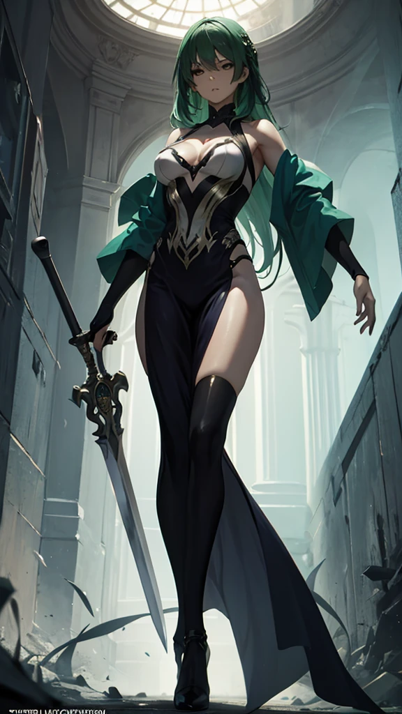 (masterpiece, 4K ,Super detailed:1.2), (anime:1), (Perfect quality), The whole body is shown, View Viewer, Swordsman, tall, Desperate look, Ultra violent women, Green Hair, Powerfully々And, RPG concept art character, Elegant appearance, Muscular