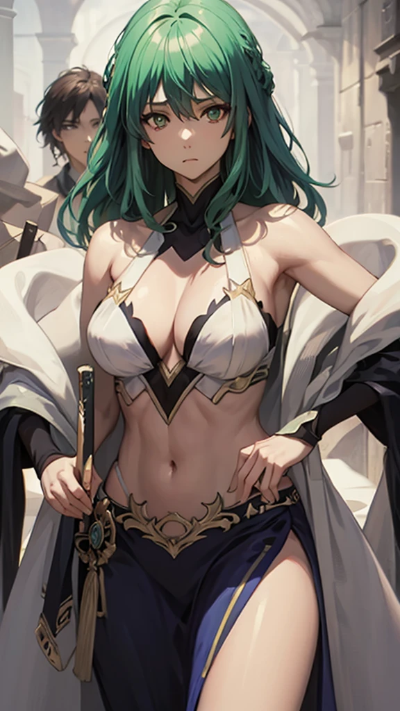 (masterpiece, 4K ,Super detailed:1.2), (anime:1), (Perfect quality), The whole body is shown, View Viewer, Swordsman, tall, Desperate look, Ultra violent women, Green Hair, Powerfully々And, RPG concept art character, Elegant appearance, Muscular