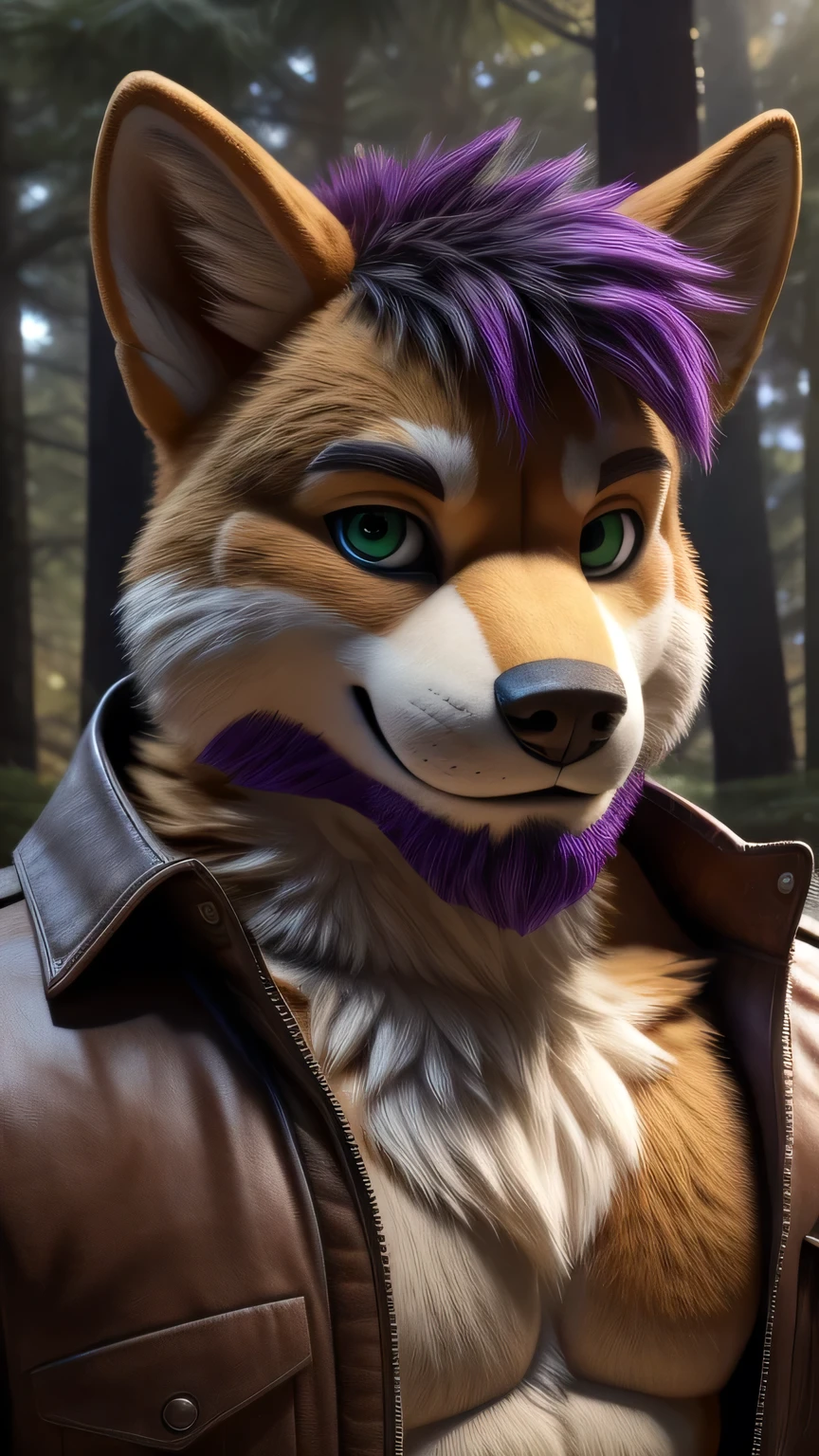 Ein Fursuit. Male Shiba Ino, muscular, oranges Fell, snout. Blue-green eyes and purple hair. Alone in a bare forest, who looks at the viewer, seductive smile, detailed face and detailed body. A beard, young adult, 33 years old, 4D Unreal Engine 9