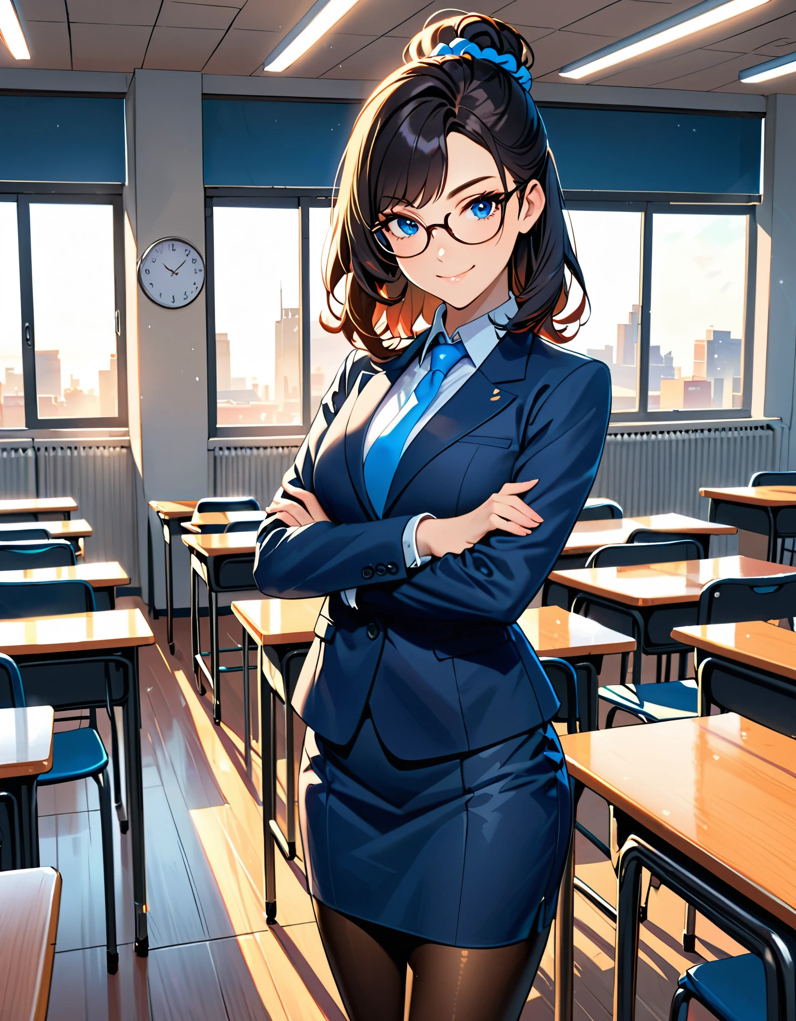 anime girl in a blue suit standing on an empty classroom, extremely detailed artgerm, style artgerm, style ivan talavera and artgerm, krenz cushart and artgerm, range murata and artgerm, artgerm style, in the style artgerm, ig model | artgerm, artgerm detailed, black hair, long hair, medium hair, blue eyes, solo, solo focus, hair bun, glasses teacher, pencil skirt, full black pantyhose, matching shoes, professional, smile, scrunchie, looking at viewer, crossed arms, warm lighting.