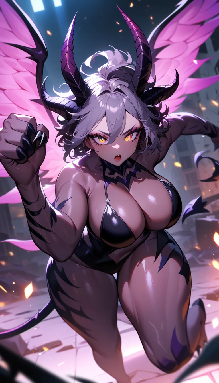 1girl,solo,super detailed skin,shiny skin, expressionless,open mouth ,majestic wings,majestic devil tail,demon skin,multicolored skin,detailed eyes,eyelashes,lips gloss,small claws,clenched fist,majestic horns ,large breasts,beautifully shaped breasts, (fluffy body hair:1.1) ,vibrant colors,flying ,night ruins,masterpiece,best quality,ultra detailed,high resolution,sharp focus,depth of field,