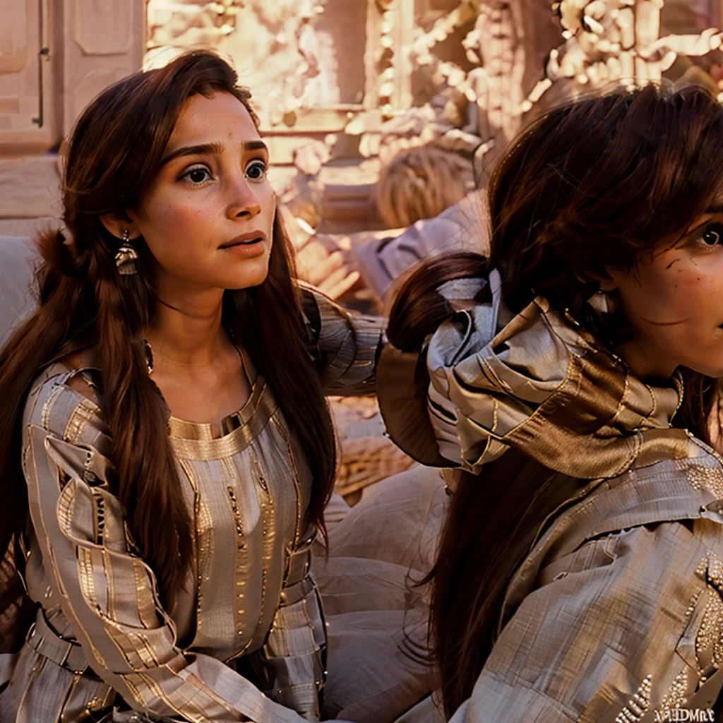Woman dressed in tunic, NO EARRINGS, without makeup, long brown hair and brown skin in the desert