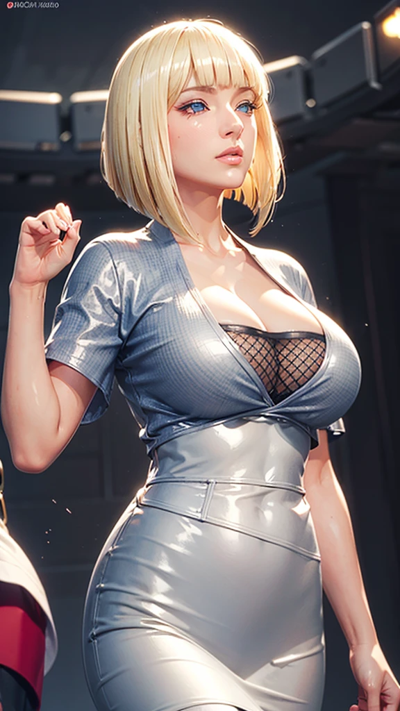 (（（Perfect body,White and tender skin,（（（BLACK KIMONO, CLEAVAGE, VAMBRACES,）））,（（（Samui, blue eyes, blonde hair, short hair, bangs, blunt bangs,）））,((masterpiece)),high resolution, ((Best quality at best)),masterpiece,quality,Best quality,（（（ Exquisite facial features,Looking at the audience,There is light in the eyes,blush,Happy,lol）））,Look up at the sky，Raise a hand）））,（（（Light and shadow,Huge breasts）））,（（（Looking at the camera,black background,)））),