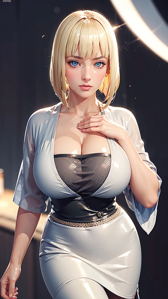 (（（Perfect body,White and tender skin,（（（BLACK KIMONO, CLEAVAGE, VAMBRACES,）））,（（（Samui, blue eyes, blonde hair, short hair, bangs, blunt bangs,）））,((masterpiece)),high resolution, ((Best quality at best)),masterpiece,quality,Best quality,（（（ Exquisite facial features,Looking at the audience,There is light in the eyes,blush,Happy,lol）））,Look up at the sky，Raise a hand）））,（（（Light and shadow,Huge breasts）））,（（（Looking at the camera,black background,)））),