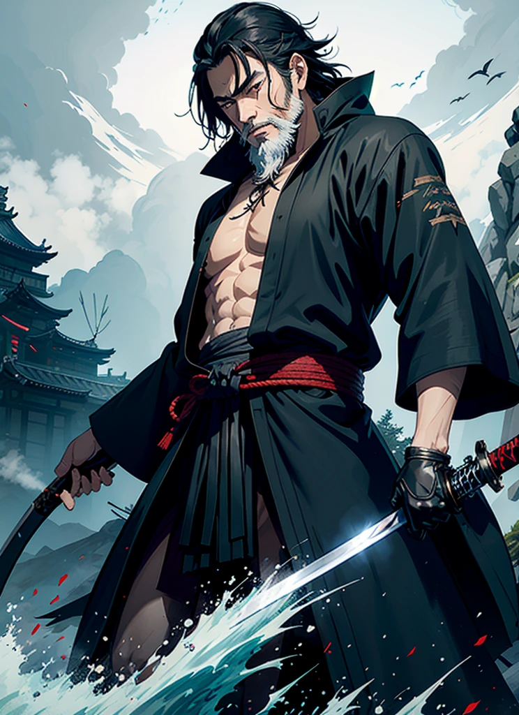 Isshin, the Sword Saint is a legendary warrior and the founder of the Ashina Clan. He is an old man with white hair and beard, wearing a blue kimono with black patterns and a white cloak. He carries a katana and a spear. He also has a gun hidden in his sleeve.
He awaits Sekiro in the great grass field where he first fought Genichiro Ashina, his grandson. The field is covered with blood and corpses of soldiers who died in the battle. The sky is dark and stormy, and lightning flashes occasionally. Isshin emerges from Genichiro’s body after he sacrifices himself to revive him using the Black Mortal Blade. He respects Sekiro as a worthy opponent and challenges him to a final duel for the fate of Ashina.
moon, dark theme, light, fantasy,