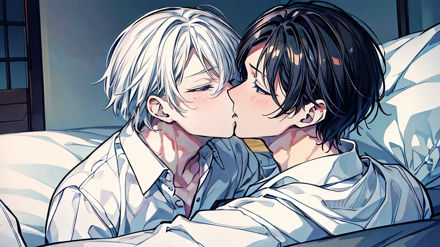 (Mastepiece), (Best Quality), Very detailed, ((Two men kissing on the cheek)), Perfect Face, Beautiful Face, Very detailed顔,(One black-haired man:1.3),(One white-haired man:1.hirt、smile、bed