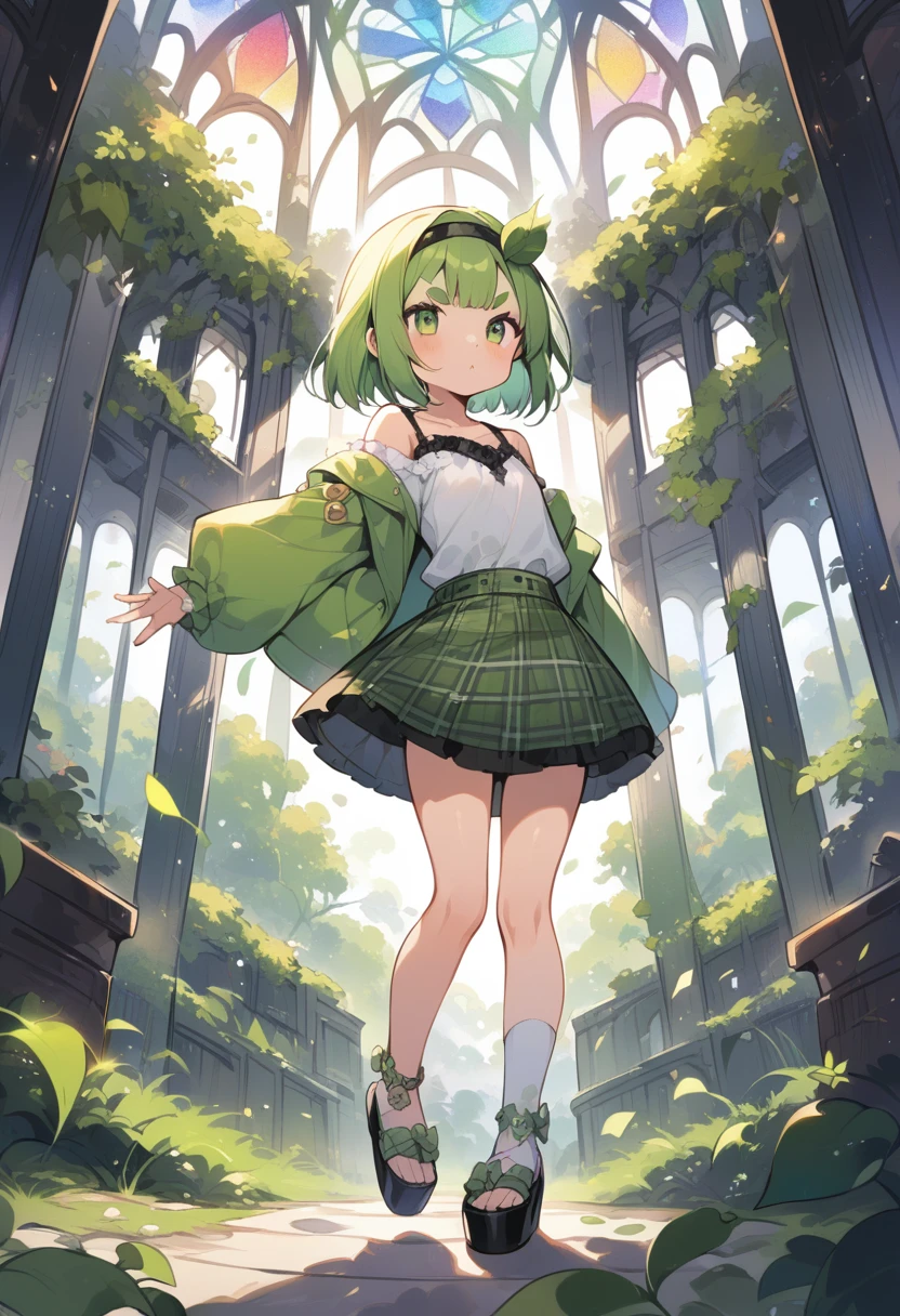 (loli:1.4),(little female child:1.4), cute face, 6 years old,kawaii, (highlight on eyes:1.1), small breast, (jiggly:0.8), shiny skin,(mini girl:1.5),
BREAK
(green maro eyebrows:1.5), :<, (jitome:1.1),pouty and slightly grumpy,(medium green hair:1.2),pout,disgusted eyes, green eyes, puffy eyes,
BREAK
breathtalking Scenery, breathtalking Beauty, breathtalking Cute,scenery, (best quality, masterpiece:1.2), (ultra high quality:1.2),smooth soft skin, natural skin,watercolor,
BREAK
Dutch angle,Atrium structure,ceiling,layer of clothes,(black camisole1.1) over (long sleeves white blouse:1.2), burberry check patterned skirt,head band.Platform Sandals,wide shot,dynamicangle,
BREAK
(stain glass inspired by leaf mark), (rose shaped stained glass),(music note effect fused with stained glass),(multi-layered grass shaped stained glass),(heart shaped Church windows),nature theme,stained glass leaf,(Multiple stained glass musical note),tiffany,dust particles,