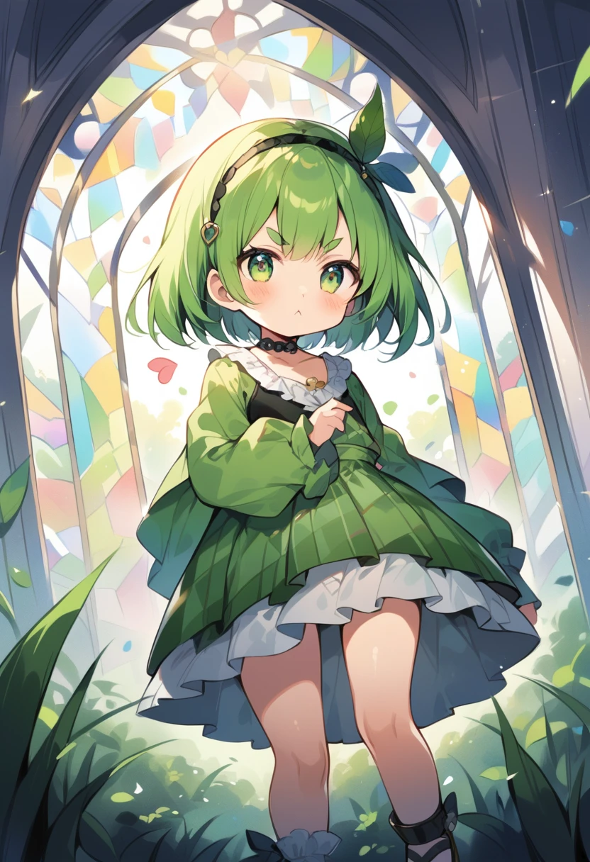 (loli:1.4),(little female child:1.4), cute face, 6 years old,kawaii, (highlight on eyes:1.1), small breast, (jiggly:0.8), shiny skin,(mini girl:1.5),
BREAK 
(green maro eyebrows:1.5), :<, (jitome:1.1),pouty and slightly grumpy,(medium green hair:1.2),pout,disgusted eyes, green eyes, puffy eyes,
BREAK
breathtalking Scenery, breathtalking Beauty, breathtalking Cute,scenery, (best quality, masterpiece:1.2), (ultra high quality:1.2),smooth soft skin, natural skin,watercolor,
BREAK
Dutch angle,Atrium structure,ceiling,layer of clothes,(black camisole1.1) over (long sleeves white blouse:1.2), burberry check patterned skirt,head band.Platform Sandals,wide shot,dynamicangle,
BREAK
(stain glass inspired by leaf mark), (rose shaped stained glass),(music note effect fused with stained glass),(multi-layered grass shaped stained glass),(heart shaped Church windows),nature theme,stained glass leaf,(Multiple stained glass musical note),tiffany,dust particles,