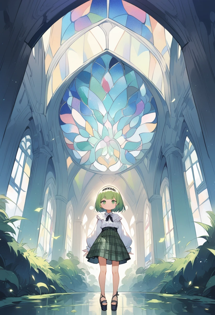 (loli:1.4),(little female child:1.4), cute face, 6 years old,kawaii, (highlight on eyes:1.1), small breast, (jiggly:0.8), shiny skin,(mini girl:1.5),
BREAK
(green maro eyebrows:1.5), :<, (jitome:1.1),pouty and slightly grumpy,(medium green hair:1.2),pout,disgusted eyes, green eyes, puffy eyes,
BREAK
breathtalking Scenery, breathtalking Beauty, breathtalking Cute,scenery, (best quality, masterpiece:1.2), (ultra high quality:1.2),smooth soft skin, natural skin,watercolor,
BREAK
Dutch angle,Atrium structure,ceiling,layer of clothes,(black camisole1.1) over (long sleeves white blouse:1.2), burberry check patterned skirt,head band.Platform Sandals,wide shot,dynamicangle,
BREAK
(stain glass inspired by leaf mark), (rose shaped stained glass),(music note effect fused with stained glass),(multi-layered grass shaped stained glass),(heart shaped Church windows),nature theme,stained glass leaf,(Multiple stained glass musical note),tiffany,dust particles,