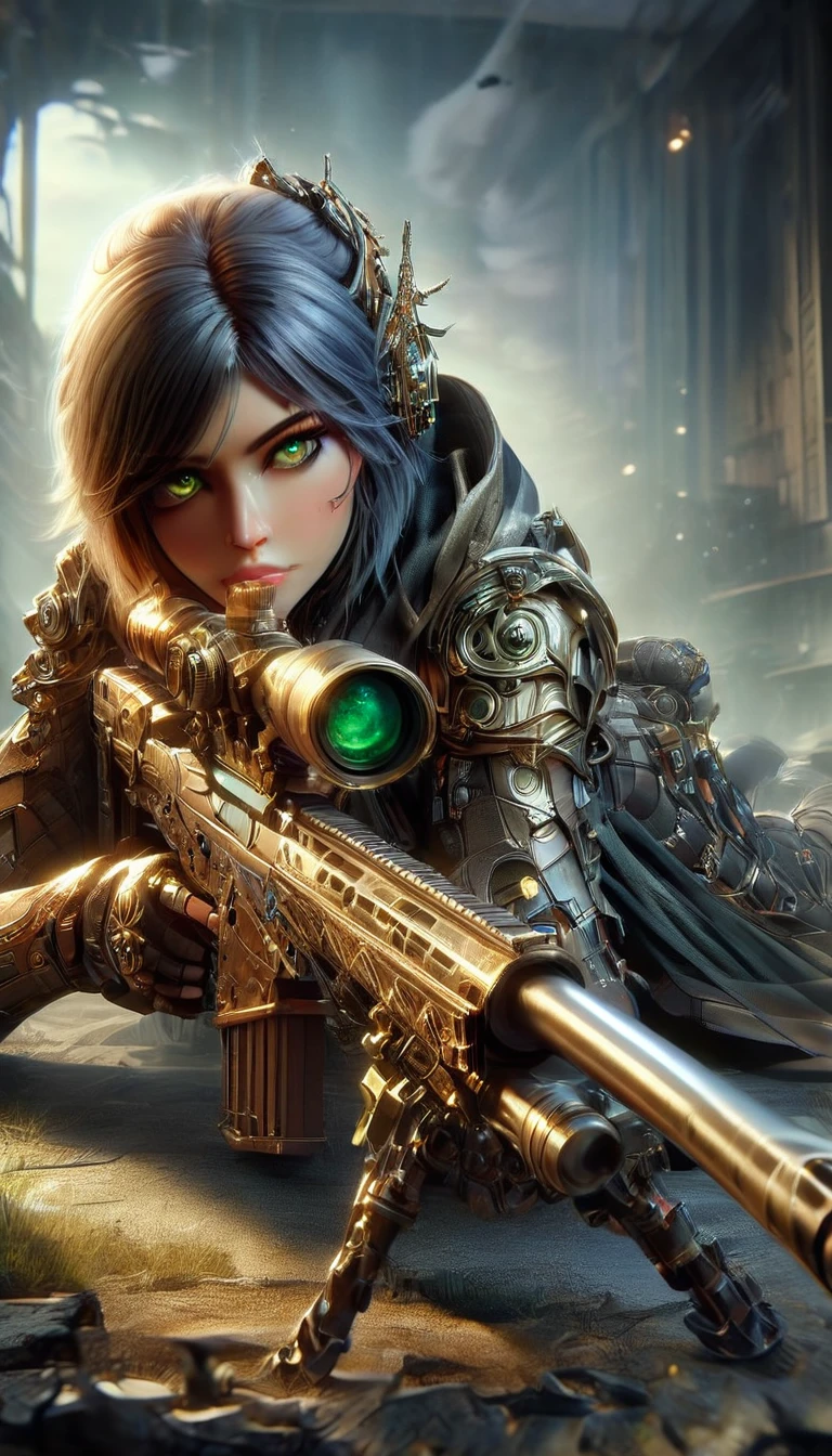 a woman in a steampunk military outfit, detailed digital painting, steampunk version of modern female sniper aiming steampunk huge sniper rifle, full body shot, detailed face and eyes, cinematic lighting, muted color palette, intricate mechanical details, atmospheric environment, masterpiece, photorealistic, 8k, 