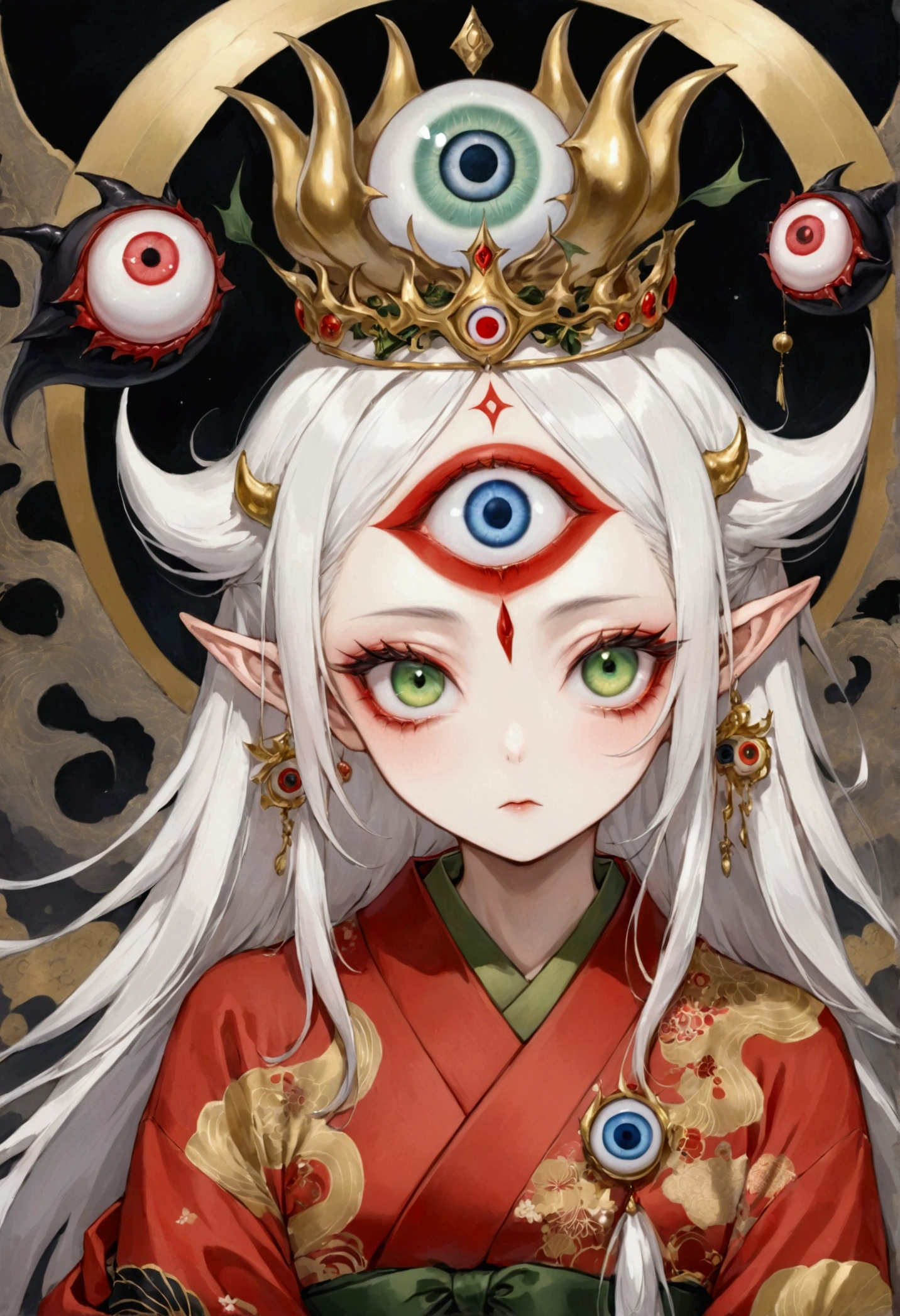 (((third eye on the forehead:1.1)))，Strange girl，独奏，Long white hair，Japanese style，demon，Elf，Japanese red kimono with dark patterns，Greenbelt，Eyeball Golden Crown
