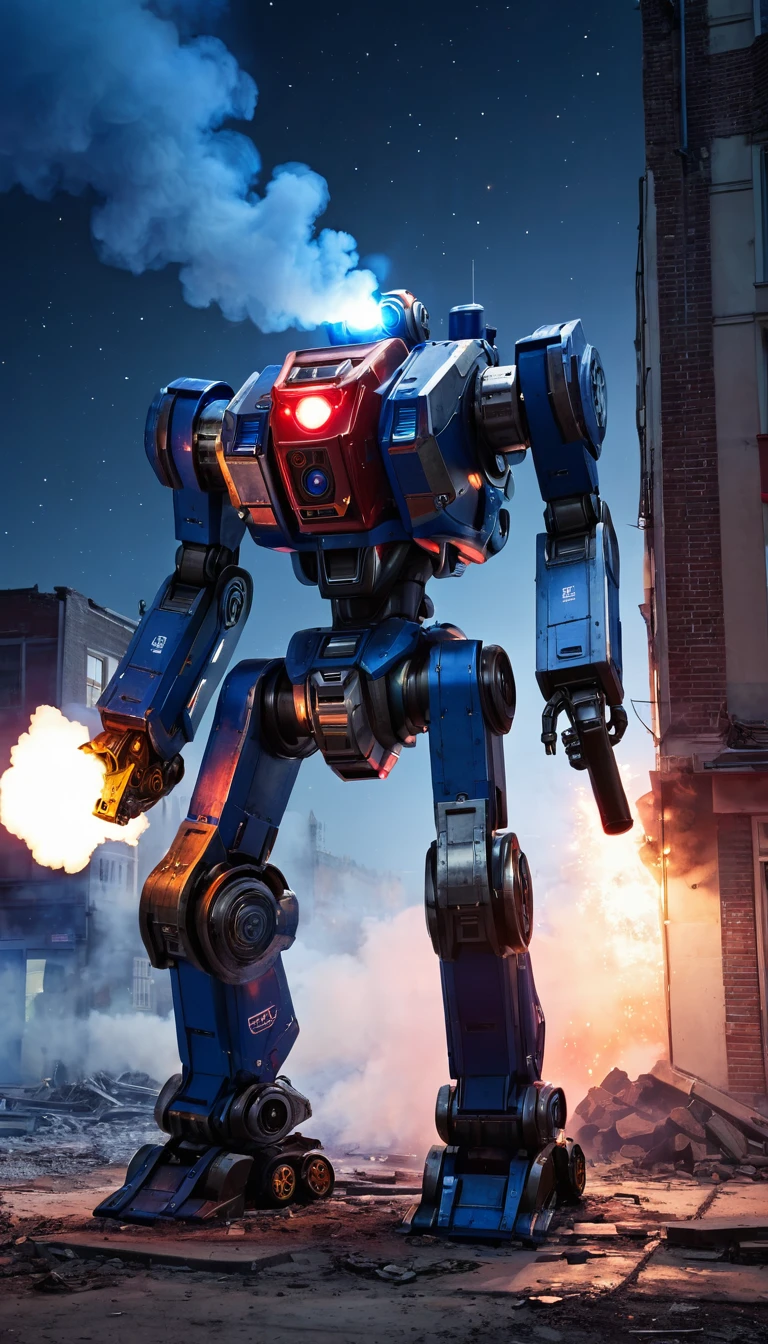 ultra realistic, uttra detail,mech bot, coffee, red light, mechanical bot, blue, collapse building, shoot, gun, smoke, flare, night view, starrynight, star, meteor