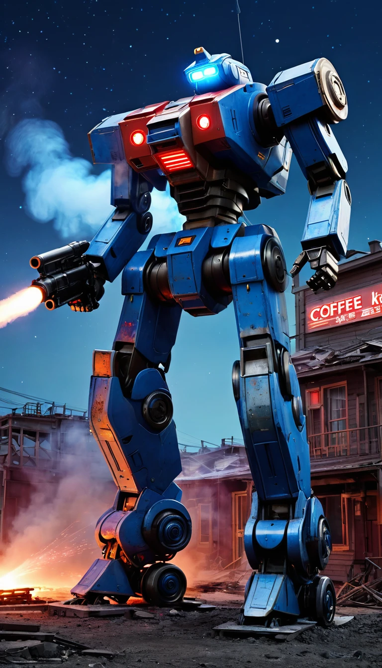 ultra realistic, uttra detail,mech bot, coffee, red light, mechanical bot, blue, collapse building, shoot, gun, smoke, flare, night view, starrynight, star, meteor