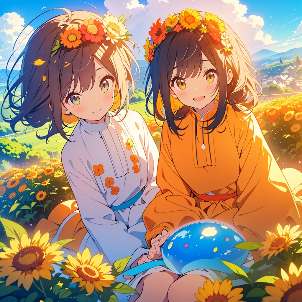 kawaii, anime, Cute, hyper quality, highly detailed, 8k, Front facing, Clarity, dark brown long hair, smile, green eyes, small orange marigold, small marigold flower garden, wear a flower crown, sit on a flowering hill, hill overlooking the town, A rural townscape spreads out below the hill, morning, morning dew, Shining light, particles of light, dazzling smile, Draw facial expressions in detail, Draw the eyes in detail, ruffle dress, A breeze flows, Marigold petals dance, A large number of balloons fly into the sky, look up at the sky, sky is high, Inciting point of view, clear blue sky, the bird flaps its wings, only one girl, blue sky, clear sky, rainbow colored balloons, colorful balloons, release a large number of balloons into the sky, upper body, hold one's hand in the sky,