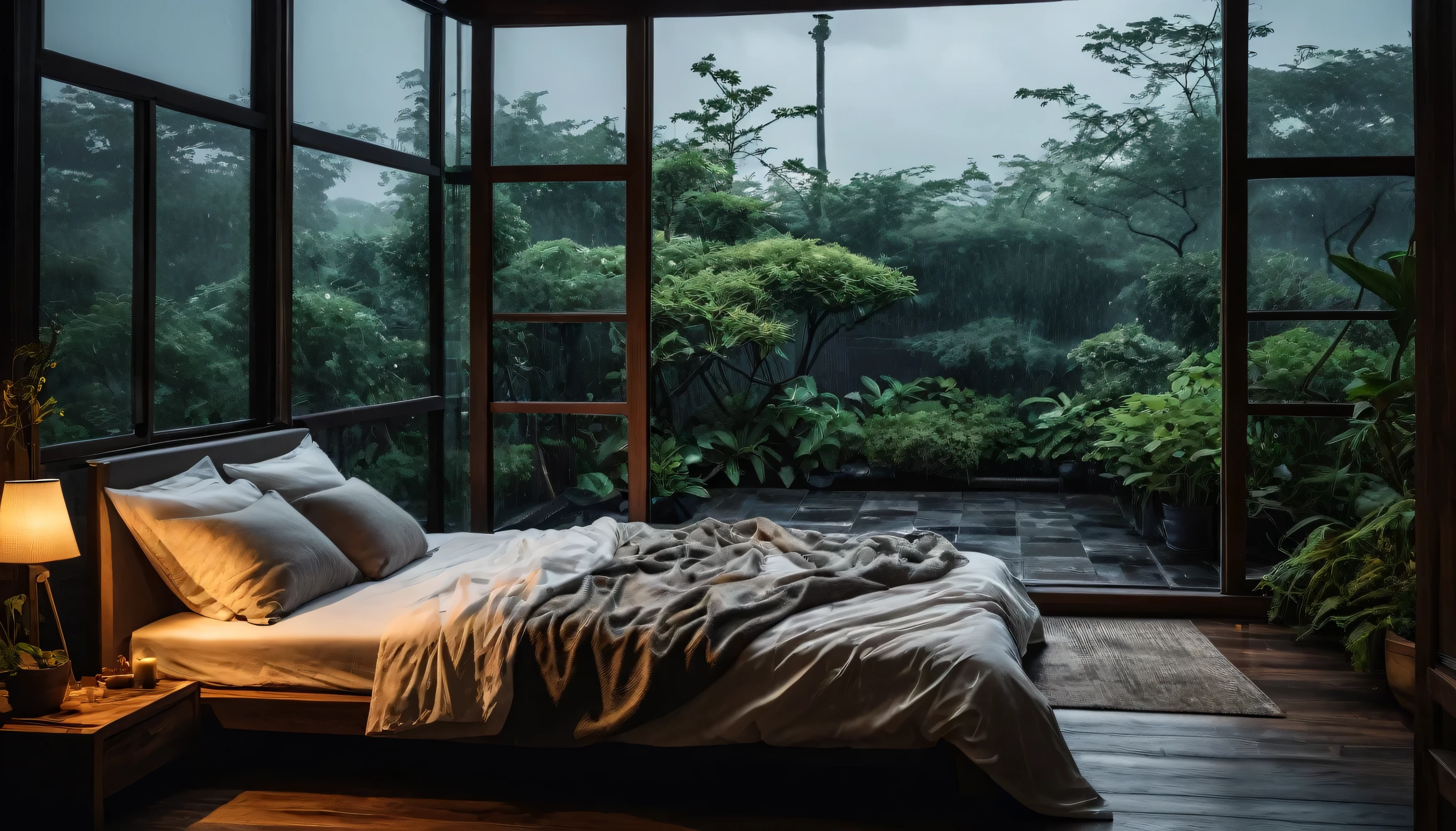 The picture shows a cozy gloomy bedroom, with a large window offering a view of a beautiful, dimly lit garden AND a garden soaked in FLOWERS, the cobblestones of the Japanese house concept. CINEMATIC, JAPANESE HOUSE, the shape of a Japanese house, and lots of flower gardens in the garden. The bed was unmade with rumpled sheets, indicating only a light sleep. the room is dark, gloomy, looks dim, gloomy. Beside the bed there is a small table with a classic lamp that radiates warm light into the room. Outside the window you can see the lush greenery of the terrace or balcony area, the rain is falling, the lamp on the left provides warm lighting, creating a calm and peaceful atmosphere. with fog obscuring part of the view in the distance. The contrast between the warmth indoors and the rain outdoors creates an inviting and calming atmosphere