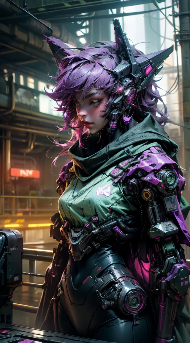 Femmes loups robots, guapo, green and purple color,Liquid,sidelight ,neon,(( cyberpunk )),((8k, uhd, ultra realistic))
