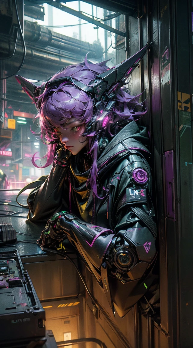 Femmes loups robots, guapo, green and purple color,Liquid,sidelight ,neon,(( cyberpunk )),((8k, uhd, ultra realistic))