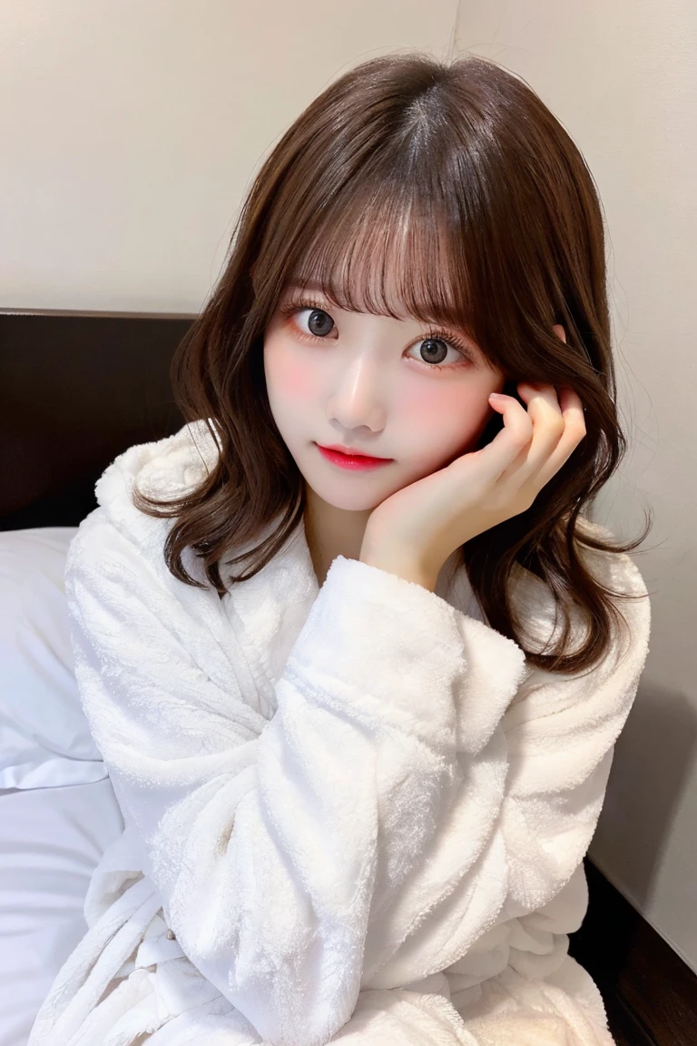 8K highest quality、（beautiful）、woman、Brown Hair、22 years old、Semi-short hair、Natural Makeup、Fine skin、Brown eyes、Embarrassed、bed、White bathrobe